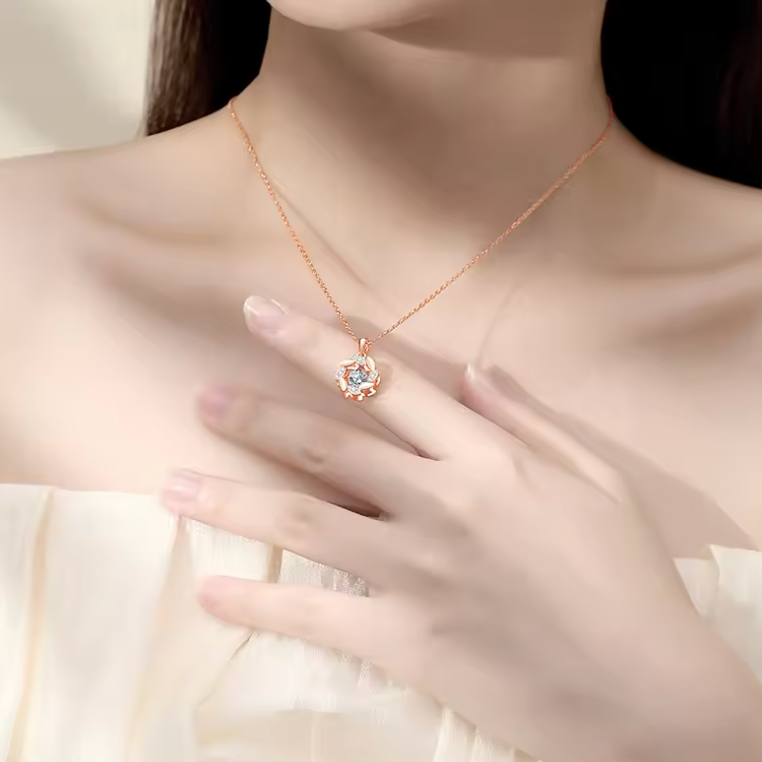Rose Gold Kinetic "Dancing Stone" Floral Wreath Pendant Necklace