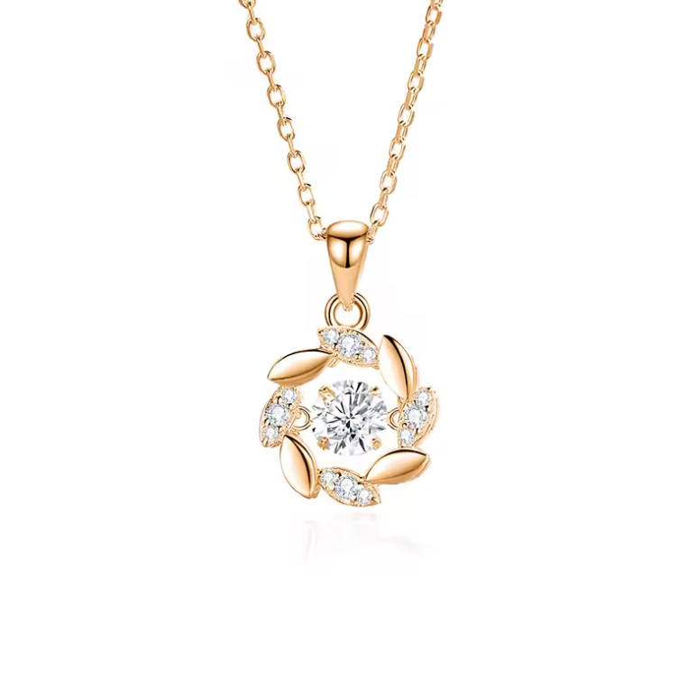 Rose Gold Kinetic "Dancing Stone" Floral Wreath Pendant Necklace