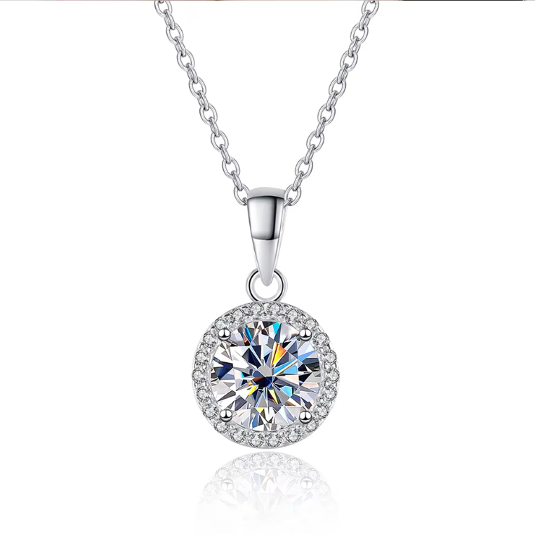 Classic White Gold Round Brilliant Solitaire Halo Pendant Necklace
