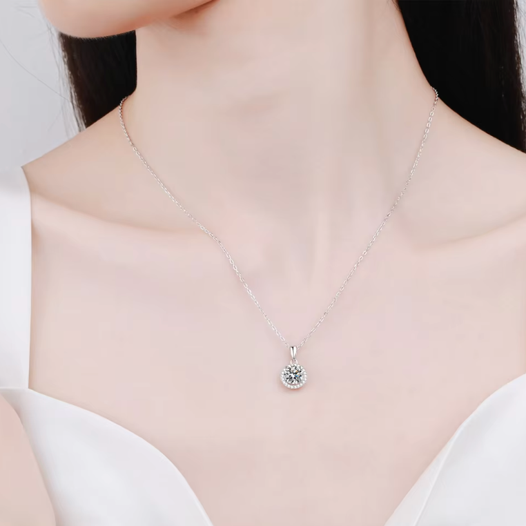 Classic White Gold Round Brilliant Solitaire Halo Pendant Necklace