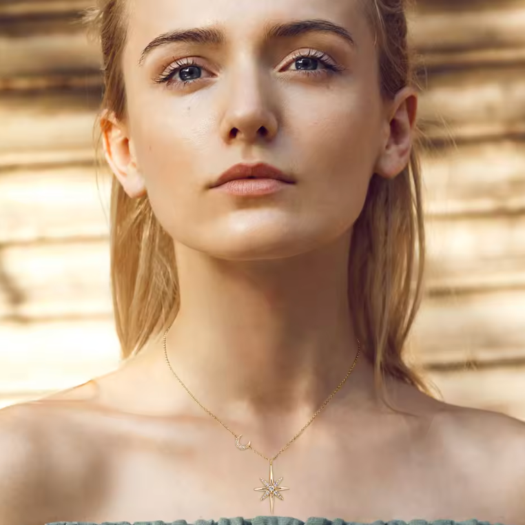 Gold Celestial Asymmetric Crescent Moon and North Star Necklace