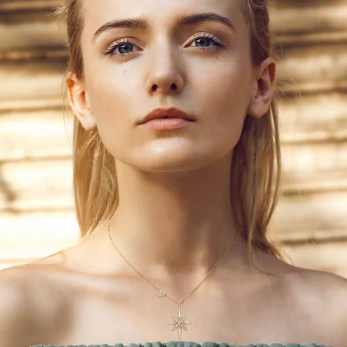 Gold Celestial Asymmetric Crescent Moon and North Star Necklace