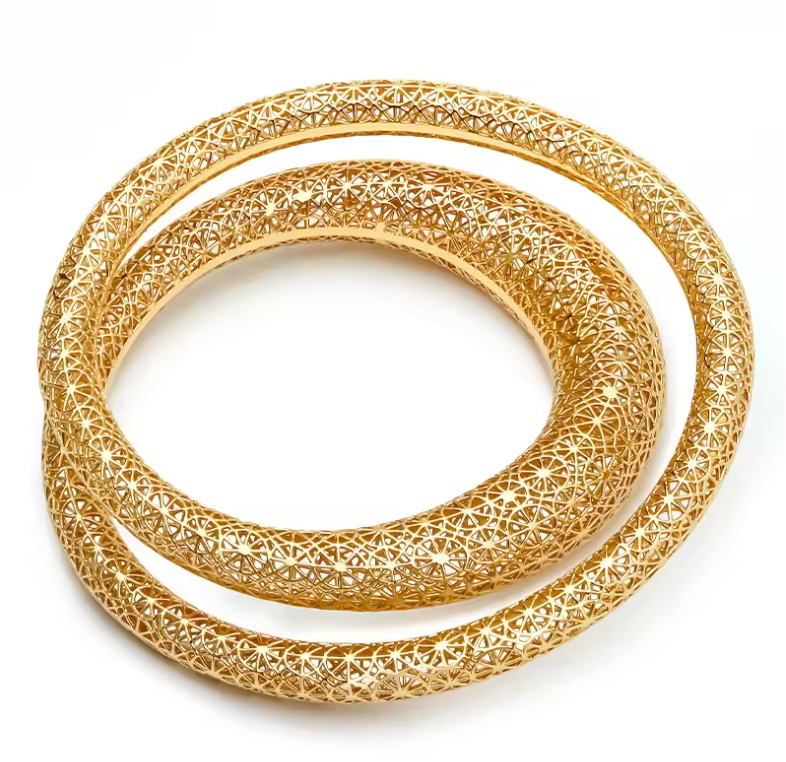Yellow Gold Intricate Honeycomb Lattice Double-Wrap Bangle