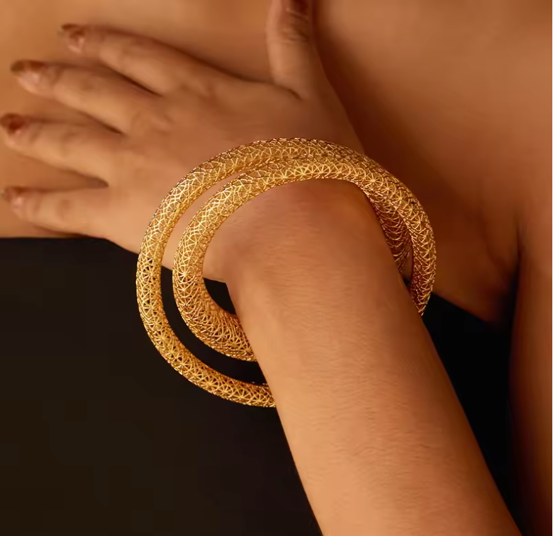 Yellow Gold Intricate Honeycomb Lattice Double-Wrap Bangle