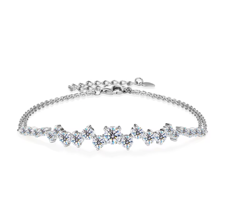 White Gold Cluster-Set Scattered Diamond Wave Chain Bracelet