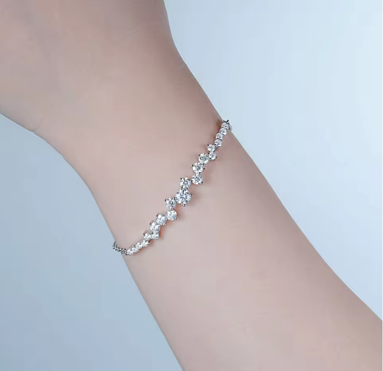 White Gold Cluster-Set Scattered Diamond Wave Chain Bracelet