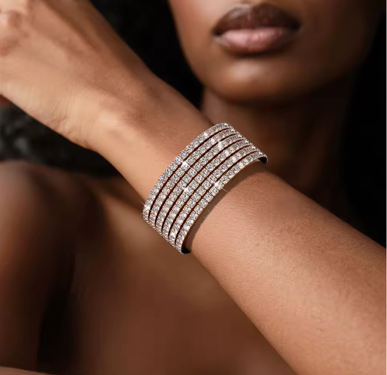 Rose Gold Multi-Row Pavé Block Statement Stretch Cuff