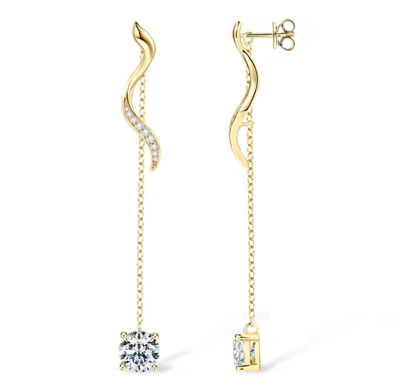 Gold Wave Threader Drop Earrings with Round Solitaire Crystals