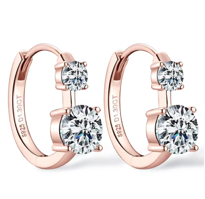 Rose Gold Two-Stone Graduated Open Huggie Hoop Earrings